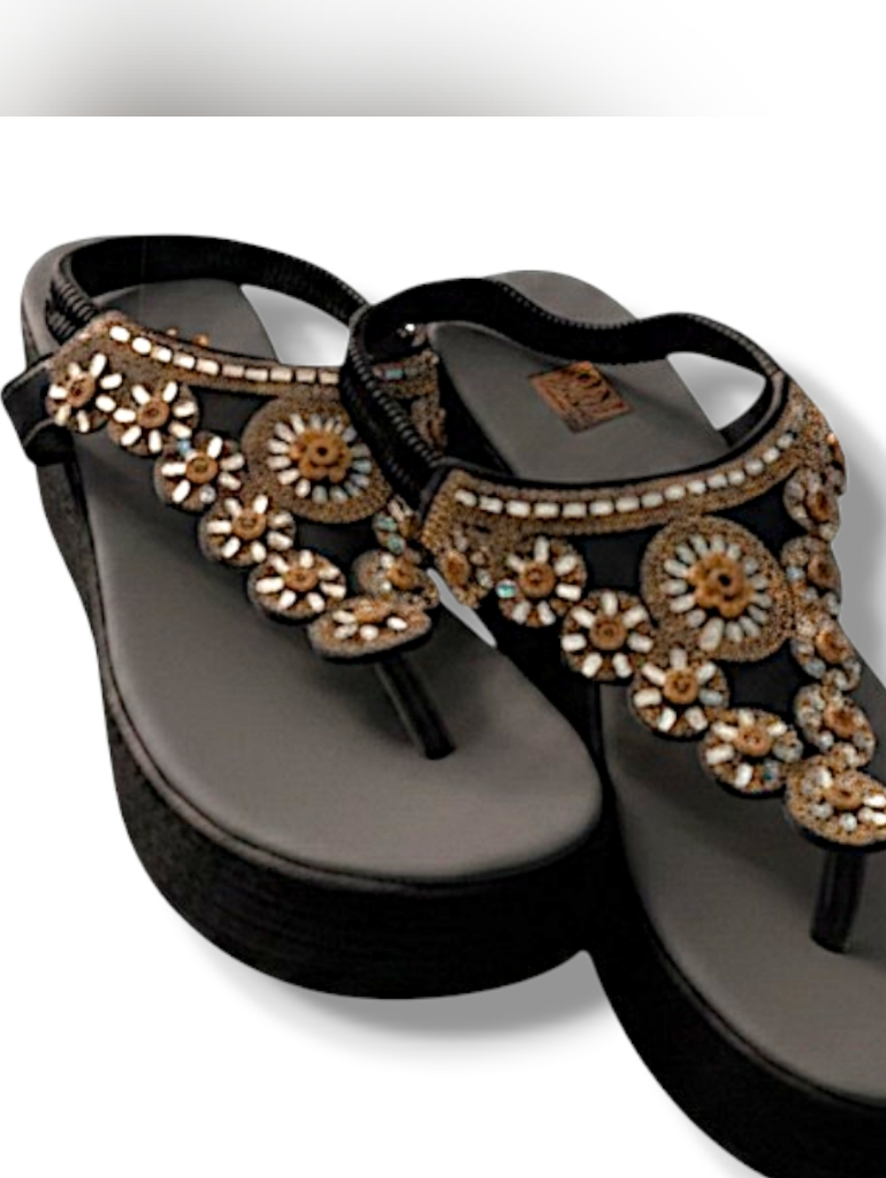Bohemian Embellished Wedge Platform Round Toe Thong Sandals Women's Size 8.5/9
